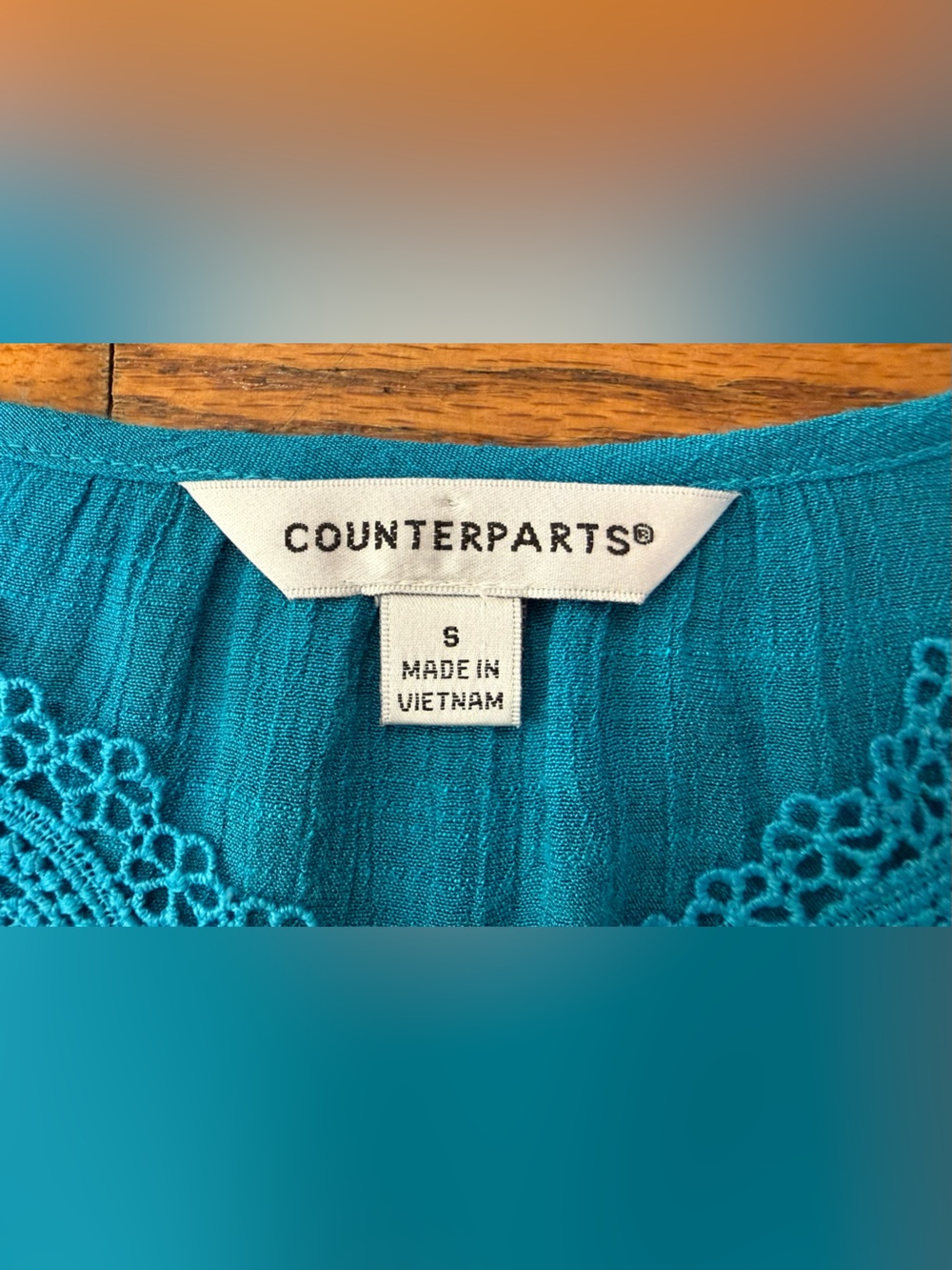 Counterparts Teal Boho Peasant Blouse Lace Trim V-Neck 3/4 Bell Sleeve - Size S - Picture 8 of 16